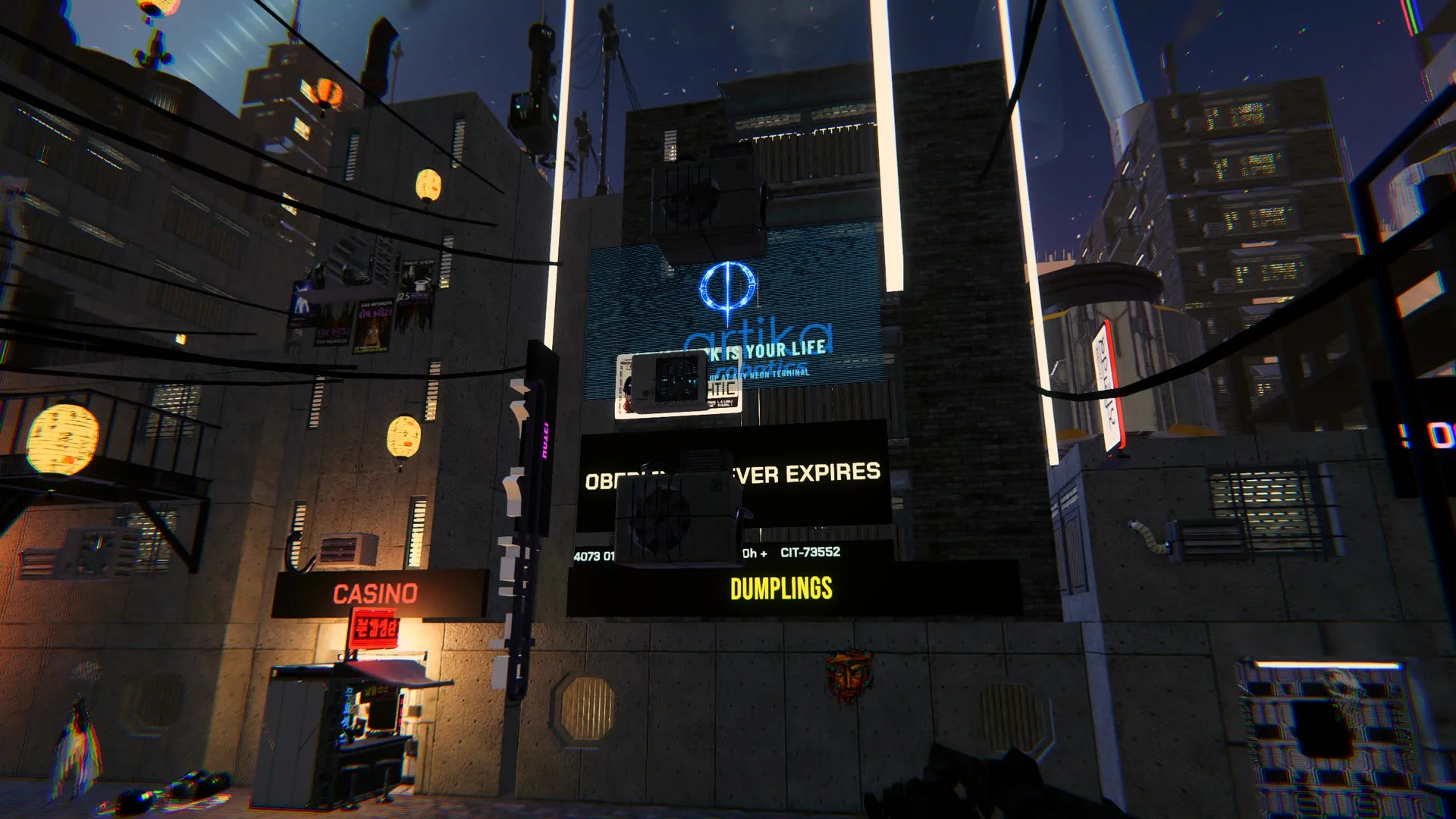 A CUSTODIA hologram screen above a street of signs