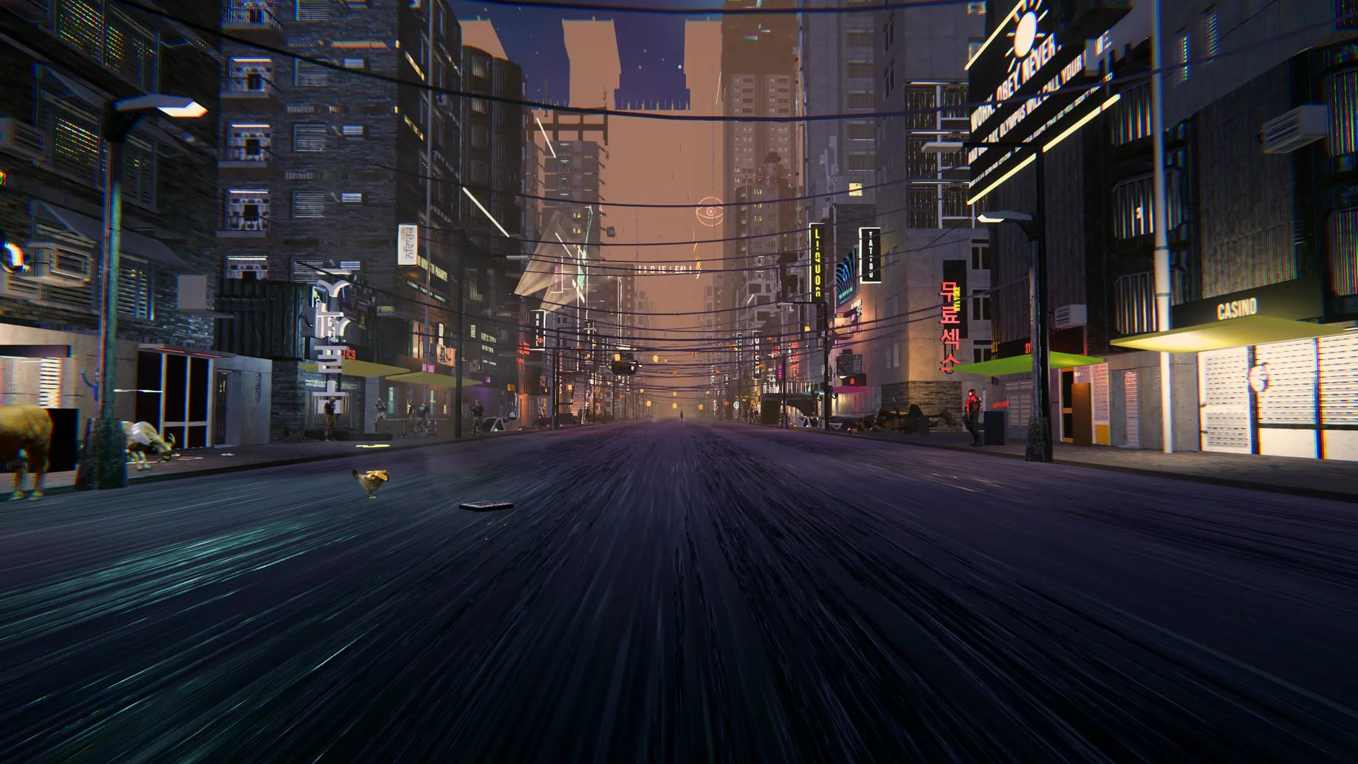An Undercity avenue at dusk, strung with cables and neon